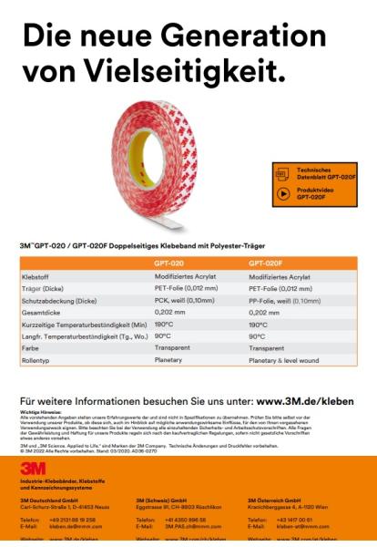 3M™ GPT 020F doppelseitiges Klebeband 10m/Rolle Universal extra stark transparent